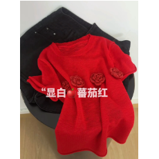 批发原创设计韩系<b class='q'>原</b><b class='q'>单</b>！立体花朵刺绣针织短袖针织衫女夏季新款温柔