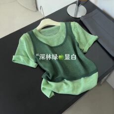 批发韩<b class='q'>系</b>别致拼接假两件短袖针织衫女夏季新款显瘦上衣