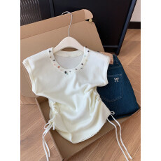 批发浅黄色<b class='q'>圆领</b>针织短袖<b class='q'>t</b><b class='q'>恤</b>女立体装饰设计感小众显瘦上衣2026新款女