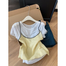 批发黄色两件套<b class='q'>圆领</b>木耳边短袖针织<b class='q'>t</b><b class='q'>恤</b>叠穿吊带背心女上衣