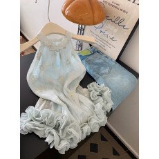 批发蓝色圆领露背挂脖式吊带叠穿背心女内搭可外穿辣妹<b class='q'>无袖</b>上衣2026夏