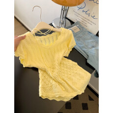 批发黄色镂空系带收腰针织短袖t恤女内搭可外穿短款正肩小上衣2026夏