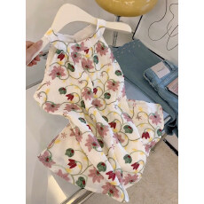 绝美度假风~重工碎花挂脖无袖上衣女夏季外穿修身显瘦吊带背心