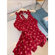 批发法式度假风复古红色碎花挂脖吊带背心女夏外穿<b class='q'>中长款</b>无袖抹胸上衣