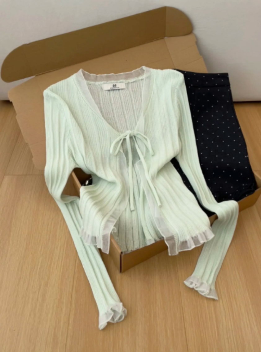 여름 한 부서 신선함 달콤함 박하 녹색 레이스 조각 니트 오픈 가디건 여성 몸매 가꾸기 슬림해 보이는 경기 치마 맨위