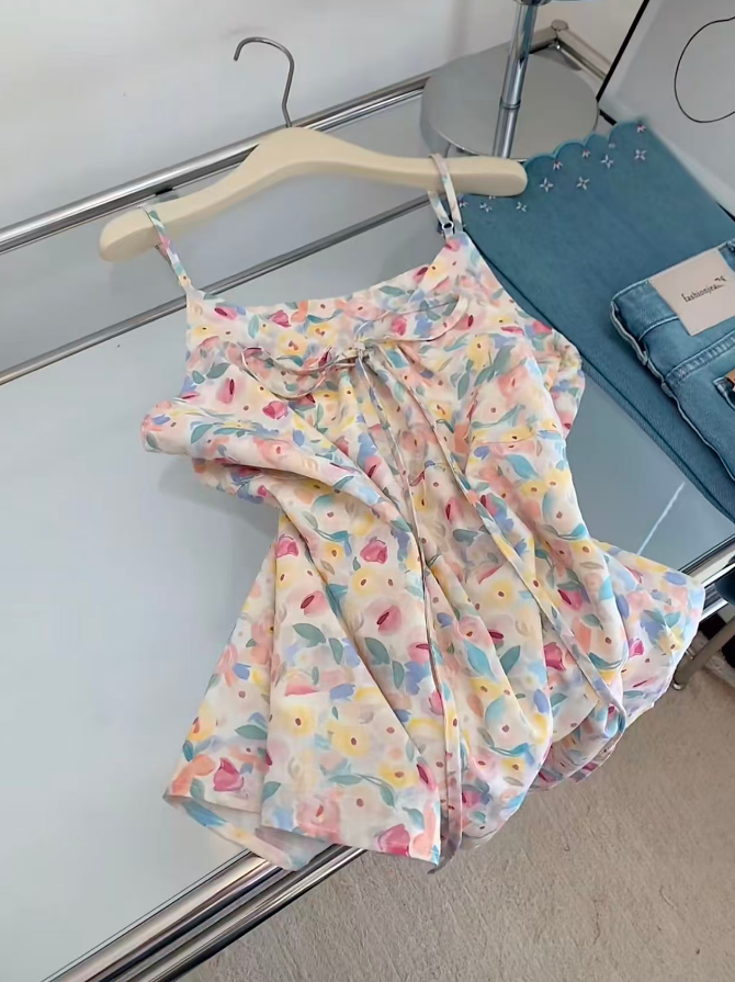 여름 도파민 꽃무늬 레이스업 작은 셔츠 여성 일본식 부드러운 자매 작은 청신 요정 가스 작은 키 슬립 맨위 다용도