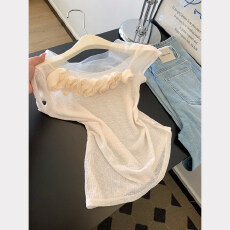 批发杏色斜领不规则针织短袖<b class='q'>t</b><b class='q'>恤</b>女士内搭可外穿短款正肩小上衣2026夏