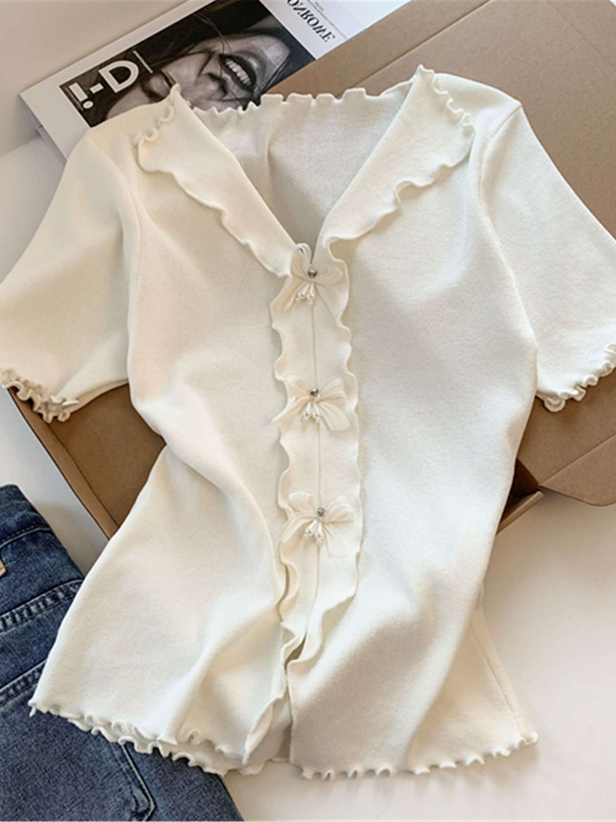 2026 새로운 여성 의류 프릴 폴로 칼라 반팔 티셔츠 얇은 맨위 여름 한국 스타일 연령 감소 얼음 실크 니트 다용도