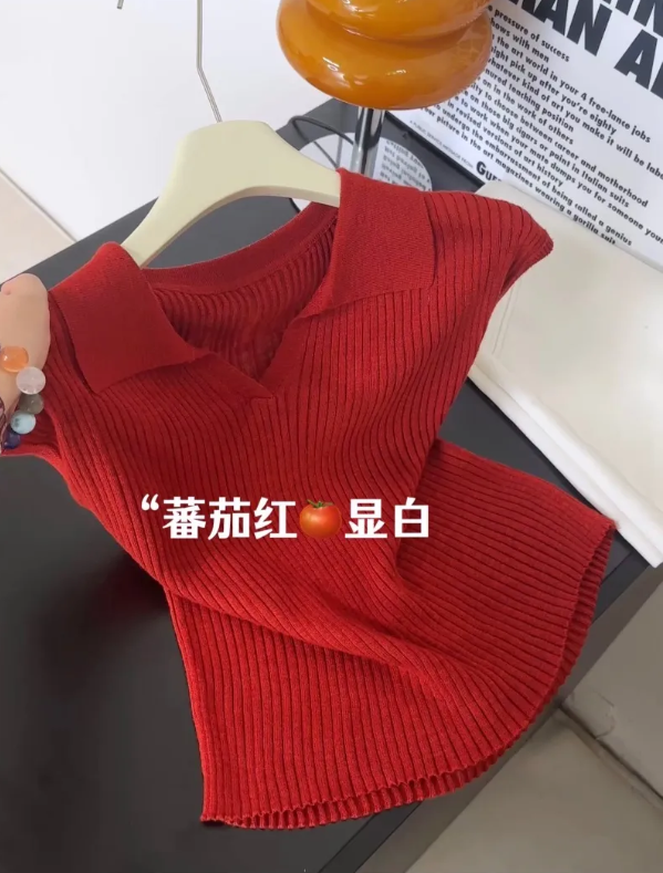 항구 바람 레트로 chic 디스플레이 화이트 빨간색 구덩이 기사 polo 민소매 얼음 실크 니트 스웨터 여성 여름 아름다운 폴로 칼라 맨위