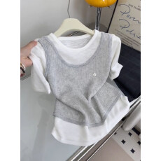 批发韩版撞色拼接假两件短袖针织T恤女装夏季宽松减龄显瘦氛围感上衣