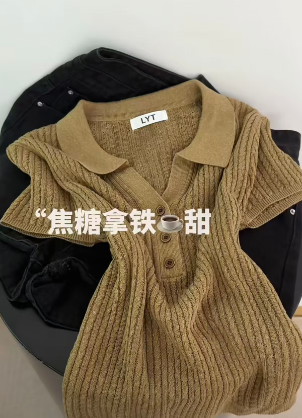 2026 여름 새로운 외국 가스 슬림해 보이는 폴로 칼라 단추 디자인 반팔 니트 스웨터 맨위 여성