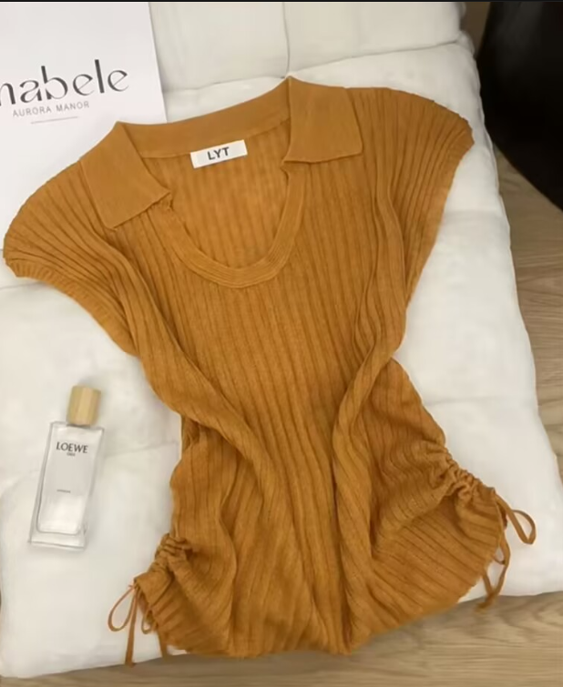 한 부서 POLO 칼라 민소매 니트 스웨터 여성 여름 V넥 펌프 로프 허리 수축 구덩이 기사 조끼 몸매 가꾸기 슬림해 보이는 다용도 맨위