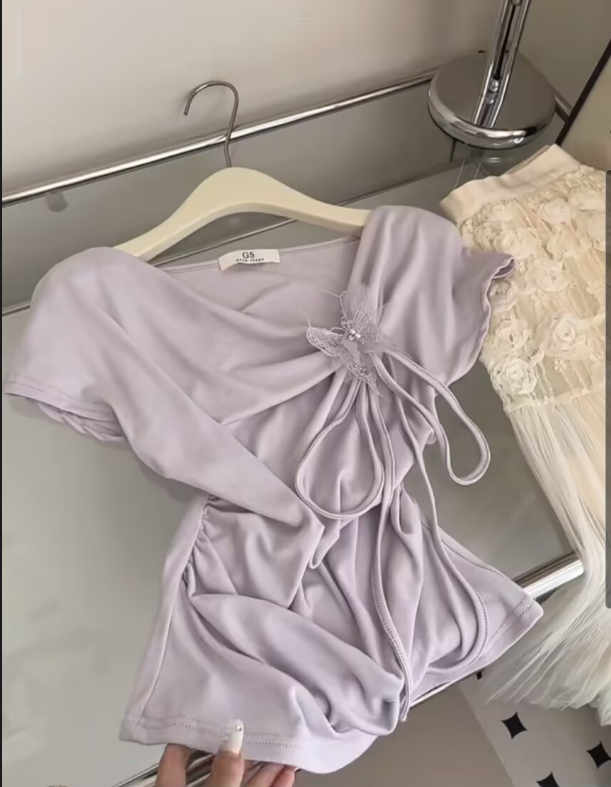 품격 부드러운 바람 흔들다 칼라 나비 매듭 반팔 맨위 여성 여름 섹션 작은 대중 디자인 꼬집기 허리 슬림해 보이는 보라색 맨위