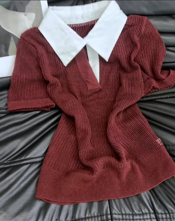 한 부서 배색 POLO 칼라 와인 빨간색 니트 스웨터 여성 여름 새로운 몸매 가꾸기 슬림해 보이는 반팔 품격 다용도 맨위