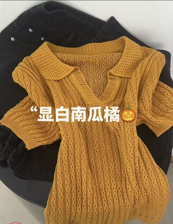 한 부서 디스플레이 화이트 POLO 칼라 니트 반팔 티셔츠 여성 여름 홀로우 아웃 슬림해 보이는 다용도 얇은 스타일 맨위