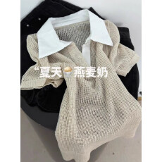 批发韩系撞色Polo领酒红针织衫女夏季新款修身显瘦短袖气质百搭上衣