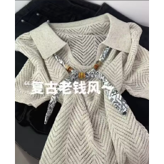 批发夏季薄款老钱风针织衫女 polo 领短袖丝巾串珠设计感气质百搭上衣