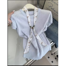 批发夏装新款韩系温柔坑条宽松短袖针织衫女圆领毛衣配丝巾