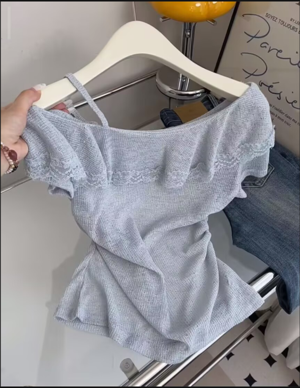 봄 여름 마 홀로우 아웃 원단 부드러운 불규칙 프릴 비스듬한 어깨 의류 작은 셔츠