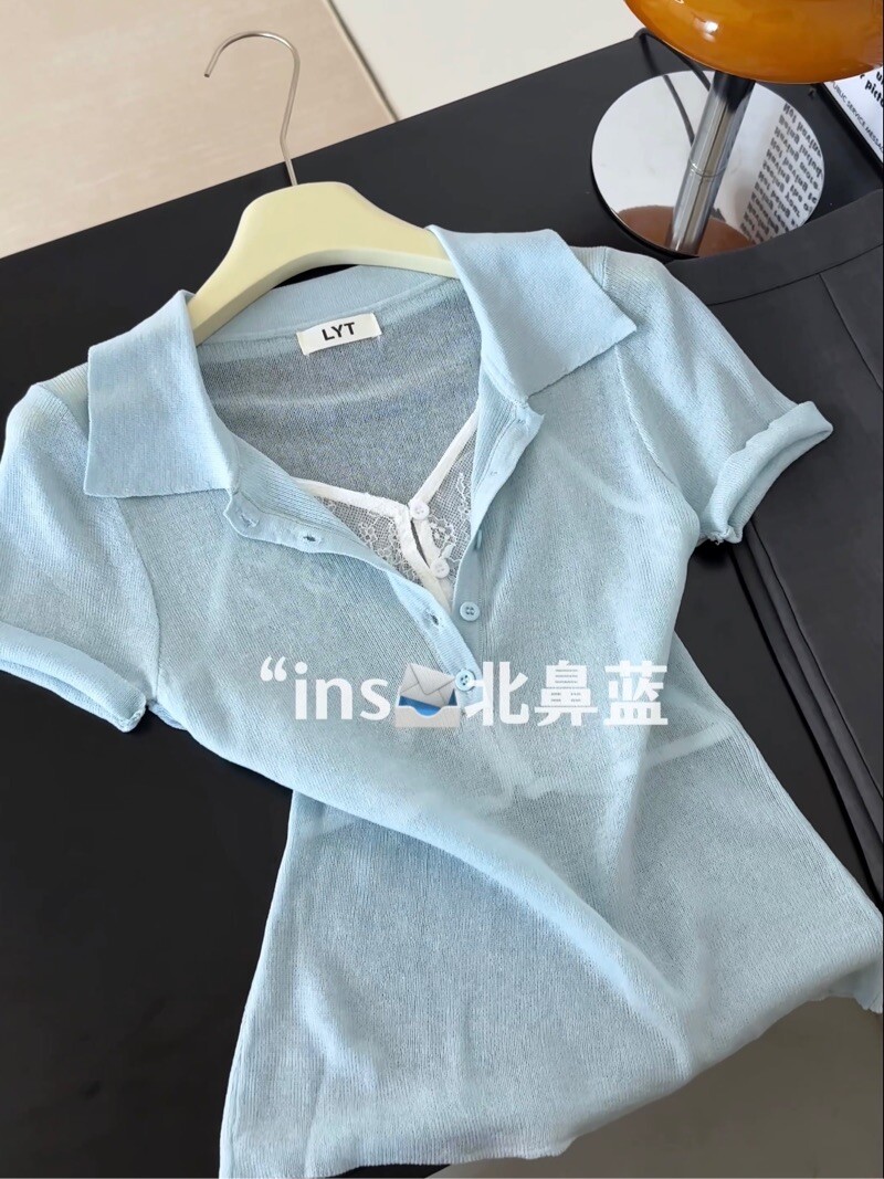 높은 품질 한국 원본 싱글 ins 바람 몸매 가꾸기 레이스 조각 POLO 칼라 반팔 맨위