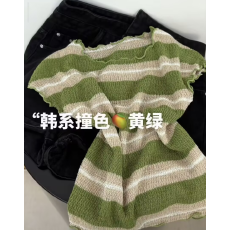 批发超显白百搭条纹针织衫女韩系温柔风木耳边设计感小众短袖T恤夏季
