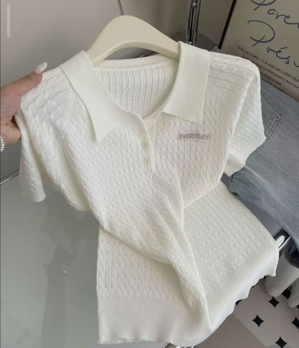 miu 부서 학원 폴로 칼라 polo 니트 반팔 여성 여름 새로운 한 부서 출퇴근 다용도 슬림해 보이는 디자인 센스 맨위