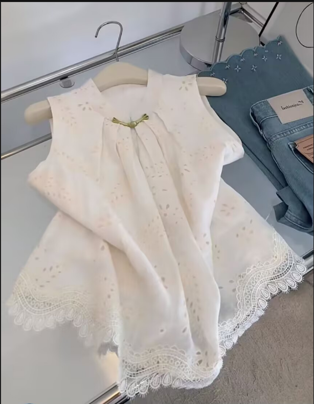 작은 대중 달콤한 스타일 자수 꽃무늬 작은 키 루즈핏 민소매 맨위 여성 여름