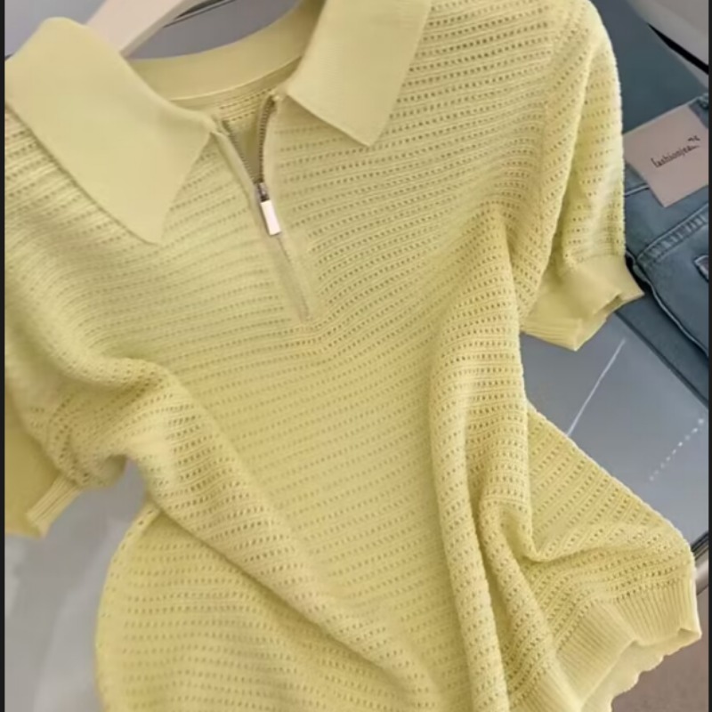패션 POLO 칼라 긍정적 인 어깨 반팔 티셔츠 여성 2026 여름 얇은 스타일 고급 센스 홀로우 아웃 캐주얼 맨위