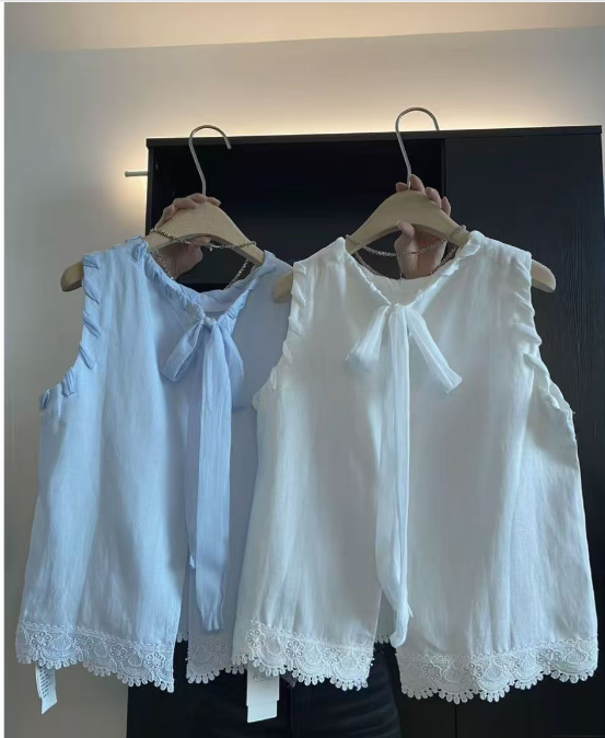 한 부서 달콤함 나비 매듭 민소매 조끼 여성 여름 새로운 루즈핏 슬림해 보이는 작은 셔츠 레이스 레이스 연령 감소 맨위