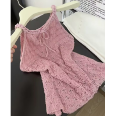 批发温柔风粉色镂空针织挂脖吊带裙女夏季肩带系带收腰显瘦<b class='q'>短</b>款上衣