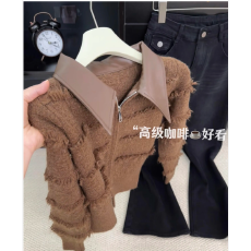 批发时尚韩版复古皮质翻领流苏毛衣针织外套女新款高级百搭