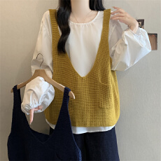 批发实拍大码慵懒风针织背心<b class='q'>马甲</b>+衬衫两件套女新款宽松百搭叠穿套装