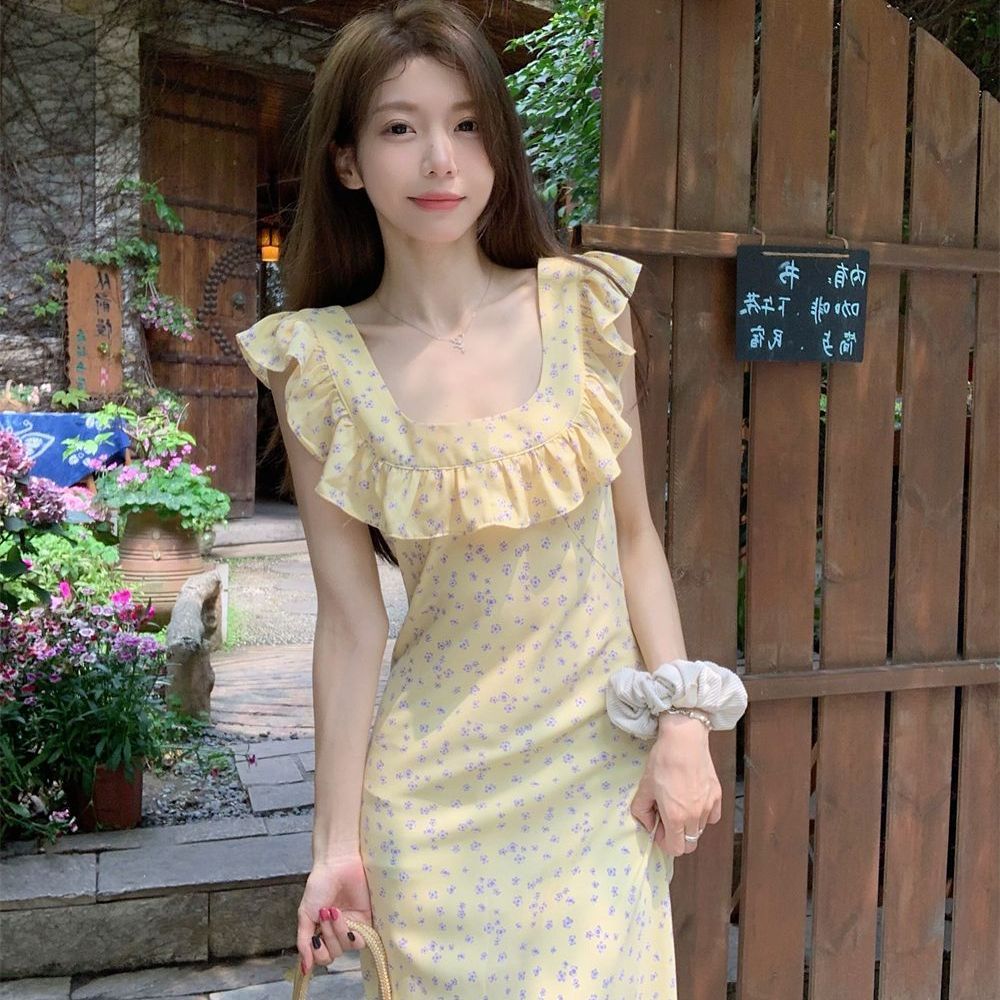 法式复古方领碎花连衣裙修身夏季荷叶2025新款气质裙子长裙