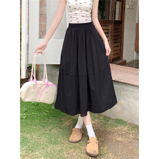 批发松紧腰压褶蓝色半身裙春夏季高腰<b class='q'>中长款</b>白色a字裙子外贸韩单爆款