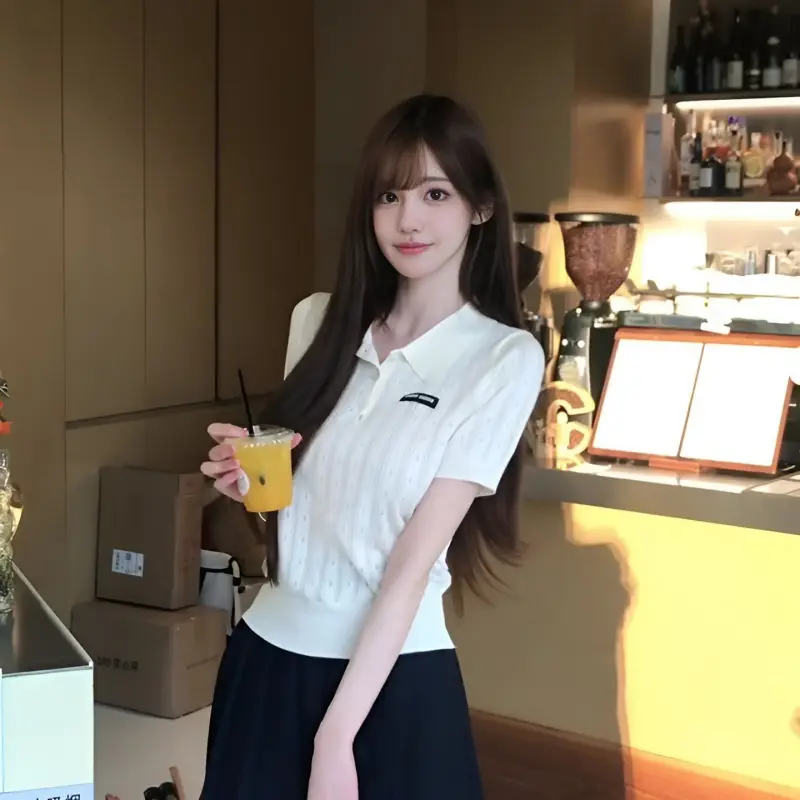 레터링 폴드 칼라 니트 반팔 상세 이미지 4