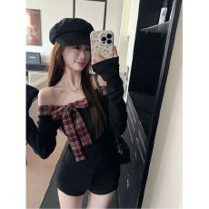 批发春螺纹德绒甜辣妹格纹拼接一字肩T恤<b class='q'>女</b>减龄蝴蝶结修身上衣外单爆