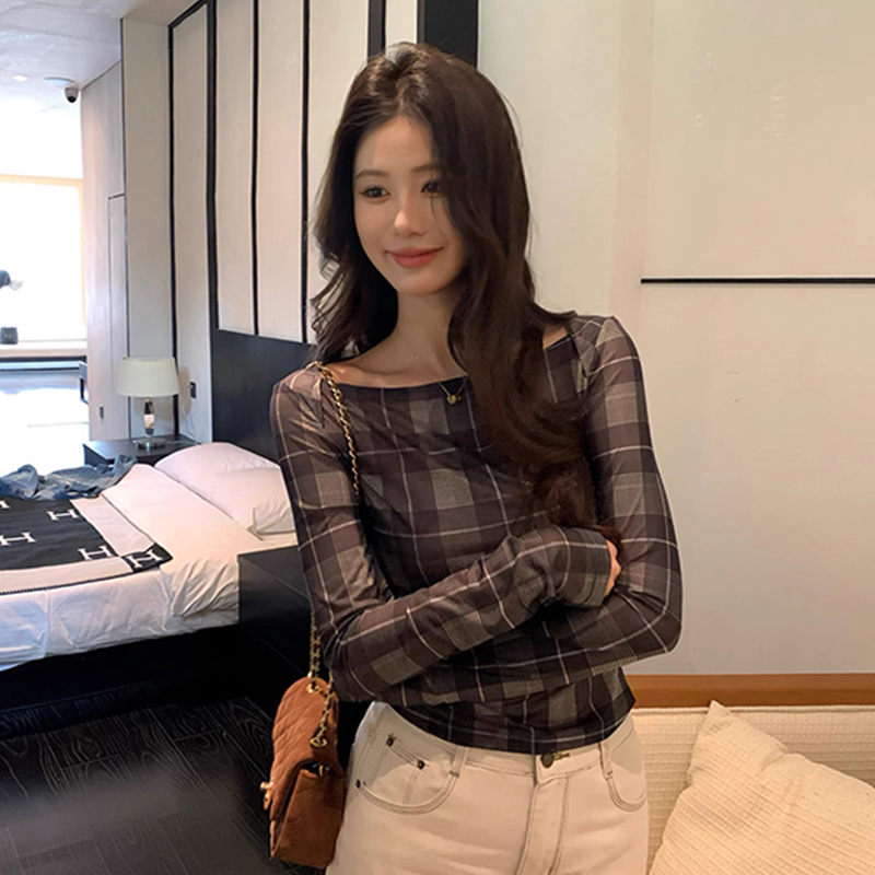 마이크로 ~을 통해 핫걸 광장 칼라 망사 여성 여름 긴팔 얼음 실크 차가운 센스 체크무늬 티셔츠 외부 가져 가라. 자외선 차단 맨위