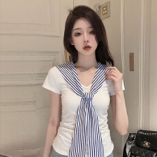 批发实拍原版品质白色海军领短袖t恤正肩夏季设计感修身披肩上衣