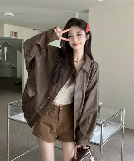 레트로 아메리칸 커피 색상 가죽 재킷 재킷 여성 코트 가을 검정색 달콤한 차가운 바람 오토바이 PU 가죽 루즈핏 긴팔 맨위