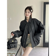 批发复古美式咖色皮衣夹克外套女秋季黑色甜酷风机车PU皮宽松长袖上衣