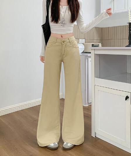 실사 정가 아메리칸 레트로 부츠컷 청바지 여성 새로운 루즈핏 작은 대중 카키 색 도루 센스 와이드 레그 팬츠 어린이