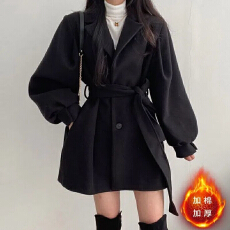 批发加厚韩版秋冬装绑带气质小个子西装领赫本风中长款毛呢女大衣外套