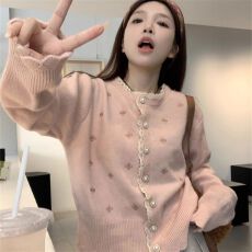 批发韩系<b class='q'>甜美</b>刺绣花边毛衣外套女秋冬新款宽松短款长袖针织开衫外单爆