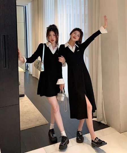 프랑스식 패치워크 봄 가을 새로운 슬림해 보이는 작은 대중 디자인 센스 셔츠 칼라 작은 검은 드레스 품격 여성의 아파트 꿀 점프 슈트 롱 스커트 여성