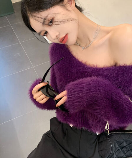 모방 밍크 울 V넥 보라색 스웨터 여자 봄 가을 순수한 욕망 핫걸 섹시함 오프숄더 맨위 인사이드 가져 가라. 니트 기본 셔츠