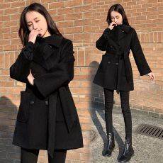 批发黑色毛呢外套女中长款秋冬新款口袋大码宽松<b class='q'>赫本</b><b class='q'>风</b>双排扣呢子大衣