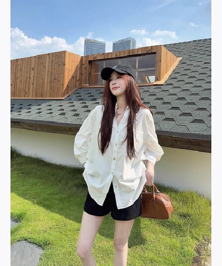 한 부서 디자인 V넥 거품 소매 화이트 셔츠 여성 의류 이른 가을 새로운 오래된 돈 바람 루즈핏 슬림해 보이는 허리 수축 맨위