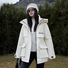 批发实拍佟丽娅<b class='q'>明星</b><b class='q'>同款</b>2025冬羽绒棉服女中长款连帽收腰简约工装外套