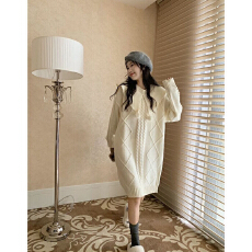 批发娃娃领甜美软糯毛衣针织衫中长款<b class='q'>连衣裙</b>女秋冬宽松慵懒风休闲上衣