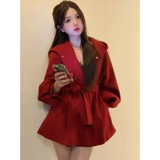 批发2025秋冬新款韩版ins气质保暖<b class='q'>中长款</b>收腰显瘦绑带连帽灯笼袖外套